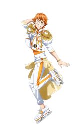 Rule 34 | 1boy, aiguillette, bracelet, epaulettes, full body, glasses, hand up, highres, ice skates, idol clothes, jacket, jewelry, juuouin kakeru, king of prism, king of prism: shiny seven stars, looking at viewer, male focus, official art, one eye closed, open mouth, orange eyes, orange hair, pants, pretty rhythm, pretty series, second-party source, short hair, simple background, skates, smile, solo, standing, standing on one leg, tachi-e, transparent background, white footwear, white jacket, white pants