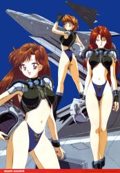 Rule 34 | 3girls, aircraft, airplane, arm up, ass, boots, briefcase, brown hair, carrying, carrying under arm, curvy, dragon magazine, earrings, fighter jet, gloves, highres, holding, holding briefcase, jet, jewelry, lipstick, long hair, looking at viewer, makeup, military, military vehicle, multiple girls, navel, non-web source, open mouth, orange hair, original, outdoors, pilot suit, red eyes, red hair, red lips, short hair, smile, stud earrings, thong, wide hips, yamauchi noriyasu