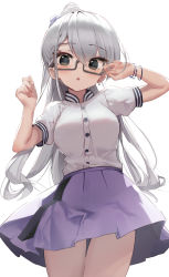 Rule 34 | 1girl, :o, black eyes, blush, breasts, chinese commentary, collared shirt, commentary request, cowboy shot, dress shirt, earrings, glasses, hair between eyes, hands up, high ponytail, highres, hisakawa hayate, idolmaster, idolmaster cinderella girls, jewelry, long hair, looking at viewer, medium breasts, ponytail, purple skirt, semi-rimless eyewear, shirt, short sleeves, simple background, skirt, solo, standing, tou tou, under-rim eyewear, very long hair, white background, white shirt, wristband