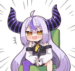 Rule 34 | 1girl, @ @, ahoge, black dress, black horns, blush stickers, braid, braided bangs, chibi, commentary, demon horns, detached sleeves, dress, english commentary, fangs, highres, hololive, horns, kukie-nyan, la+ darknesss, light purple hair, long hair, looking at viewer, multicolored hair, open mouth, pantyhose, purple hair, purple horns, purple pantyhose, single leg pantyhose, sitting, sleeve cuffs, sleeveless, sleeveless dress, sleeves past wrists, solo, spread legs, streaked hair, striped horns, teeth, upper teeth only, very long hair, virtual youtuber, white sleeves, yellow eyes