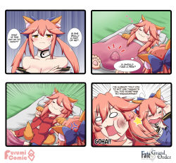 Rule 34 | 2girls, 4koma, :3, animal ear fluff, animal ears, animal hands, between legs, blood, blood from mouth, blue ribbon, breasts, cat paws, cleavage, closed eyes, comic, english text, erection, fang, fate/extra, fate/grand order, fate (series), fox ears, fox girl, fox tail, gloves, hair ribbon, highres, japanese clothes, keita naruzawa, large breasts, long hair, lying, morning wood, multiple girls, navel, o o, on bed, paw gloves, paw shoes, pink hair, punching, ribbon, shoes, sleeping, smile, speech bubble, sweat, tail, tail between legs, tail raised, tamamo (fate), tamamo cat (fate), tamamo no mae (fate/extra), yellow eyes, zzz