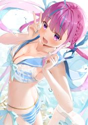 Rule 34 | 1girl, absurdres, bikini, blue hair, blush, bow, braid, breasts, butt crack, cleavage, colored inner hair, duplicate, hair ribbon, highres, hololive, large breasts, long hair, looking at viewer, matcha (user yyss8744), minato aqua, multicolored hair, open mouth, pink hair, purple eyes, purple hair, ribbon, solo, streaked hair, striped bikini, striped clothes, swimsuit, twintails, two-tone hair, v, virtual youtuber, wading, wet