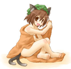 Rule 34 | 1girl, animal ears, barefoot, brown eyes, brown hair, cat ears, cat girl, cat tail, chen, earrings, feet, female focus, full body, gradient background, hat, jewelry, kasuga yukihito, legs, multiple tails, naked towel, nude, open mouth, sitting, sketch, solo, tail, touhou, towel, white background