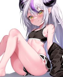 Rule 34 | 1girl, absurdres, bare legs, bare shoulders, barefoot, blush, braid, braided bangs, breasts, closed mouth, demon horns, dolphin shorts, frqz bijutsu, highres, hololive, horns, jacket, la+ darknesss, long hair, looking at viewer, midriff, multicolored hair, pointy ears, purple hair, short shorts, shorts, sidelocks, single braid, sitting, small breasts, smile, solo, sports bra, streaked hair, thighs, transparent background, virtual youtuber, yellow eyes
