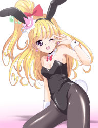 Rule 34 | 1girl, amraam120c, animal ears, asahina mirai, black leotard, black pantyhose, blonde hair, cure miracle, fake animal ears, hat, high ponytail, leotard, long hair, looking at viewer, magical girl, mahou girls precure!, mini hat, mini witch hat, one eye closed, open mouth, pantyhose, playboy bunny, precure, purple eyes, rabbit ears, rabbit tail, solo, strapless, strapless leotard, tail, v over eye, witch hat, wrist cuffs
