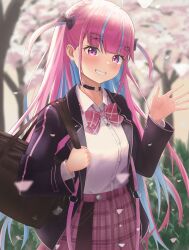 Rule 34 | 1girl, absurdres, bag, blazer, blurry, blurry background, blush, bow, bowtie, braid, cherry blossoms, choker, collared shirt, colored inner hair, commentary, crown braid, day, grin, hair bow, hair ornament, hairclip, highres, hololive, jacket, jewelry, long sleeves, looking at viewer, minato aqua, minato aqua (school uniform), multicolored hair, necklace, o-ring, o-ring choker, outdoors, plaid, plaid bow, plaid bowtie, plaid skirt, potemaka, purple eyes, school bag, school uniform, shirt, skirt, sky, smile, solo, streaked hair, two-tone hair, two side up, virtual youtuber, waving