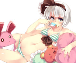 Rule 34 | 1girl, :d, bare shoulders, bikini, blue eyes, blush, breasts, cleavage, eating, female focus, food, green eyes, groin, hairband, holding, konpaku youmu, lying, navel, on side, open mouth, pillow, popsicle, short hair, silver hair, simple background, small breasts, smile, soine, solo, striped bikini, striped clothes, stuffed animal, stuffed rabbit, stuffed toy, swimsuit, touhou, white background