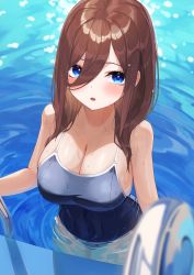 Rule 34 | 1girl, absurdres, backlighting, blue eyes, blue one-piece swimsuit, blush, breasts, brown hair, cleavage, commentary request, go-toubun no hanayome, hair between eyes, highres, hiyoku, large breasts, long hair, nakano miku, one-piece swimsuit, outdoors, parted lips, partially submerged, pool ladder, sidelocks, solo, swimsuit, water, wet