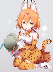 Rule 34 | 10s, 1girl, animal ear fluff, animal ears, bare shoulders, blonde hair, bow, breasts, commentary request, elbow gloves, feathers, full body, gloves, hat, hat ornament, hide448, highres, holding, holding clothes, holding hat, kemono friends, looking at viewer, medium breasts, open mouth, print bow, print gloves, print skirt, print thighhighs, ribbon-trimmed skirt, ribbon trim, serval (kemono friends), serval print, serval tail, shirt, short hair, sitting, skirt, sleeveless, sleeveless shirt, solo, tail, tears, thighhighs, torn clothes, torn hat, unworn hat, unworn headwear, wariza, white shirt, yellow eyes