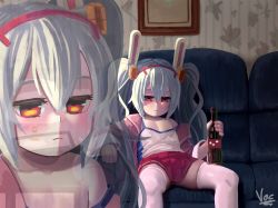 Rule 34 | 1girl, animal ears, azur lane, camisole, commentary, couch, empty eyes, english commentary, expressionless, fake animal ears, flat chest, hair between eyes, hairband, highres, jacket, laffey (azur lane), long hair, meme, off shoulder, on couch, panties, panty peek, parody, pink jacket, pleated skirt, rabbit ears, red eyes, red skirt, redlettermedia, rich evans, sidelocks, signature, sitting, skindentation, skirt, slouching, soda bottle, solo, strap slip, thighhighs, twintails, underwear, voc, wallpaper (object), white hair, white thighhighs, zoom layer