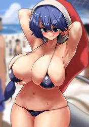 Rule 34 | 1girl, 6+boys, absurdres, areola slip, armpits, arms behind head, beach, bikini, blue eyes, blue hair, blurry, blurry background, blush, breasts, cleavage, cowboy shot, curvy, depth of field, doremy sweet, hat, highres, huge breasts, ise corridor, large areolae, long hair, looking at viewer, multiple boys, navel, people, skindentation, smile, soft focus, solo focus, swimsuit, thick thighs, thighs, touhou, wide hips