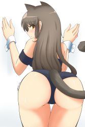 Rule 34 | 1girl, against wall, animal ears, ass, backboob, bare shoulders, bent over, black hair, blake belladonna, blush, breasts, cat ears, cat tail, embarrassed, from behind, highres, leaning, leaning forward, leotard, long hair, looking back, rwby, shiny skin, solo, tail, wrist cuffs, z666ful, zain-95
