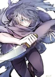 Rule 34 | 1boy, bandages, cape, gloves, green eyes, hair over one eye, knife, looking at viewer, male focus, oboro keisuke, octopath traveler, octopath traveler i, scarf, short hair, simple background, solo, therion (octopath traveler), weapon, white background