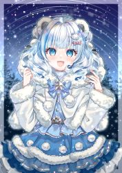 Rule 34 | 1girl, animal ears, bear ears, bear hair ornament, belt, blue bow, blue bowtie, blue eyes, blue hair, blue shirt, blue skirt, blunt bangs, blush, border, bow, bowtie, buttons, capelet, commentary, cowboy shot, fir tree, hair bow, hair ornament, hands up, highres, hood, hooded capelet, layered skirt, light blue hair, long sleeves, looking at viewer, night, night sky, open mouth, original, outdoors, paw print, pink bow, pom pom (clothes), shione (memento forest), shirt, shooting star, short hair, skirt, sky, smile, snow, solo, star (sky), star trail, starry sky, tree, wavy hair, white capelet