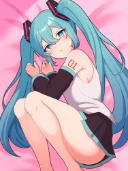 Rule 34 | 1girl, absurdres, ass, bare legs, bare shoulders, black skirt, black sleeves, blue eyes, blue hair, blue nails, blush, breasts, detached sleeves, grey shirt, hair between eyes, hands up, hatsune miku, highres, knees up, kumada gaon, legs, legs up, long hair, looking at viewer, lying, miniskirt, nail polish, on side, open mouth, pleated skirt, shirt, shoulder tattoo, sideboob, skirt, small breasts, solo, staring, tattoo, thighs, twintails, upskirt, very long hair, vocaloid, wide sleeves