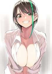 Rule 34 | 1girl, breasts, brown hair, clenched teeth, collarbone, gen (black factory), green eyes, green hair, hair over one eye, highres, large breasts, looking at viewer, multicolored hair, open clothes, open shirt, original, shirt, short hair, smile, solo, streaked hair, teeth, white shirt