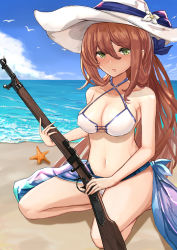 Rule 34 | 1girl, alternate costume, alternate hairstyle, bare shoulders, beach, bikini, bird, blue sarong, blue sky, blush, bolt action, breasts, brown hair, cleavage, cloud, collarbone, day, girls&#039; frontline, green eyes, gun, hair between eyes, hair rings, hat, highres, holding, holding gun, holding weapon, large breasts, long hair, looking at viewer, m1903 springfield, navel, ocean, open mouth, outdoors, ponytail, ribbon, rifle, sand, sarong, seagull, seiza, sidelocks, sitting, sky, smile, solo, springfield (girls&#039; frontline), springfield (stirring mermaid) (girls&#039; frontline), starfish, stomach, sun hat, swimsuit, tark1122, thighs, weapon, white bikini