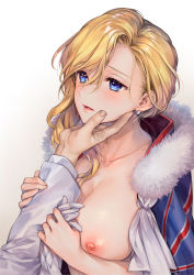 Rule 34 | 1boy, 1girl, azur lane, blonde hair, blue eyes, blush, breasts, cleavage, collarbone, detexted, earrings, gloves, unworn gloves, hair over shoulder, hand on another&#039;s chin, holding, holding clothes, holding gloves, hood (azur lane), jewelry, kaguyuzu, large breasts, lips, looking at another, looking away, nipples, parted bangs, parted lips, simple background, single sidelock, solo focus, third-party edit, upper body, white gloves