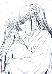 Rule 34 | 2girls, closed eyes, commentary request, counter:side, falling petals, flower, from side, greyscale, hair flower, hair ornament, highres, imminent kiss, japanese clothes, kimono, long hair, long sleeves, looking at another, moka (mochafree), monochrome, multiple girls, nanahara chifuyu, nanahara chinatsu, petals, profile, upper body, yuri