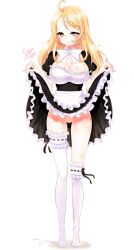 Rule 34 | 1girl, apron, asymmetrical legwear, bad id, bad pixiv id, blonde hair, blush, breasts, clothes lift, dress, dress lift, frilled thighhighs, frills, large breasts, long hair, looking at viewer, maid, maid apron, mismatched legwear, no panties, original, pussy, seo, simple background, solo, thighhighs, uncensored, yellow eyes