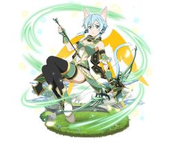 Rule 34 | 1girl, animal ears, arm strap, armlet, arrow (projectile), black ribbon, black thighhighs, blue eyes, blue hair, bow (weapon), breasts, cat ears, cat tail, cleavage, covered navel, faux figurine, fingerless gloves, full body, gloves, green gloves, hair between eyes, hair ribbon, holding, holding arrow, holding bow (weapon), holding weapon, looking at viewer, medium breasts, multiple wings, parted lips, ribbon, scarf, short hair with long locks, short shorts, shorts, sidelocks, simple background, sinon (sao-alo), solo, sword art online, tail, thighhighs, thighlet, weapon, white background, wings, yellow wings