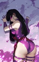 1girl absurdres ass bare_shoulders black_hair breasts eadgear earrings elbow_gloves gloves highleg highleg_leotard highres jewelry leotard long_hair looking_at_viewer marvel marvel_rivals psylocke purple_eyes purple_hair sash solo superhero_costume thighhighs x-men