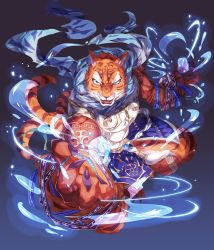 Rule 34 | animal focus, bad id, bad pixiv id, blue scarf, cat, dragon poker, foreshortening, full body, furry, furry male, green eyes, highres, lemming no suana, open mouth, scarf, solo, tiger