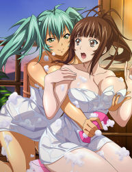 Rule 34 | 2girls, arched back, bare arms, breasts, brown eyes, brown hair, cleavage, closed mouth, collarbone, floating hair, grabbing, grabbing another&#039;s breast, grabbing from behind, green eyes, green hair, high ponytail, ikkitousen, kneeling, large breasts, leaning forward, long hair, looking at another, multiple girls, naked towel, open mouth, ryofu housen, sitting, smile, towel, wet towel, yagyu mitsuyoshi, yuri