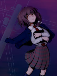 Rule 34 | 1girl, book, bow, brown hair, female focus, ghostly field club, hair bow, highres, misopanne, necktie, plaid, pleated skirt, power lines, red eyes, skirt, solo, sweater, thighhighs, touhou, usami renko, zettai ryouiki