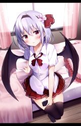 Rule 34 | 1girl, alternate costume, bat wings, bed, black thighhighs, blouse, bow, bowtie, commentary request, curtains, flower, hair flower, hair ornament, hair ribbon, highres, hyurasan, indoors, letterboxed, light purple hair, looking at viewer, miniskirt, on bed, over-kneehighs, pillow, pink hair, pleated skirt, red bow, red bowtie, red ribbon, red skirt, remilia scarlet, ribbon, shirt, sitting, skirt, solo, thighhighs, touhou, white shirt, window, wing collar, wings