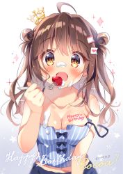 Rule 34 | 1girl, :d, ahoge, bare arms, bare shoulders, blue bow, blue camisole, blush, bow, breasts, brown eyes, brown hair, camisole, cleavage, collarbone, commentary request, cream, cream on body, cream on face, crown, dated, double bun, food, food on body, food on breasts, food on face, fork, fruit, gradient background, hair between eyes, hair bun, hair ornament, happy birthday, heart, holding, holding fork, kokoa-chan (pan (mimi)), long hair, looking at viewer, medium breasts, midriff, mini crown, navel, open mouth, original, pan (mimi), purple background, smile, solo, sparkle, strap slip, strawberry, striped, striped camisole, tilted headwear, vertical stripes, white background