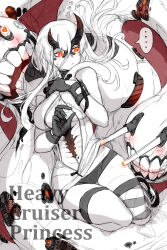 Rule 34 | ..., 1girl, abyssal ship, asymmetrical horns, black gloves, black horns, black shorts, breasts, character name, closed mouth, colored skin, cracked skin, gloves, heart, heavy cruiser princess, hole in chest, hole on body, hood, hood down, horns, kantai collection, large breasts, long hair, oso (toolate), pale skin, red eyes, short shorts, shorts, simple background, single thighhigh, sketch, solo, spoken ellipsis, spoken heart, striped clothes, striped thighhighs, sweat, tail, thighhighs, uneven horns, white hair, white skin