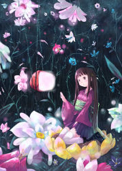 Rule 34 | 1girl, brown hair, expressionless, flower, flower request, hair ornament, hairclip, hime cut, japanese clothes, kneeling, long hair, long sleeves, looking afar, monitor, original, parted lips, polyzm, sash, shiba yuusuke, solo, thighhighs, very long hair, zettai ryouiki