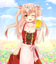 Rule 34 | 1girl, alcohol, alternate costume, apron, beer, beer mug, breasts, brown eyes, cleavage, clothes lift, cowboy shot, cup, dirndl, dress, dress lift, flower, german clothes, head wreath, holding, holding cup, johnston (kancolle), kantai collection, light brown hair, long hair, looking at viewer, medium breasts, mug, one eye closed, open mouth, pink apron, red dress, smile, solo, two side up, ynos