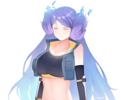 Rule 34 | alternate costume, blue hair, breasts, brighid (xenoblade), cleavage, closed eyes, cosplay, cropped jacket, elbow gloves, fire, gloves, highres, large breasts, long hair, meidza d, midriff, navel, sena (xenoblade), sena (xenoblade) (cosplay), sports bra, very long hair, xenoblade chronicles (series), xenoblade chronicles 2, xenoblade chronicles 3