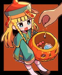 1boy 1girl aqua_capelet aqua_dress black_border blonde_hair blue_eyes border braided_sidelock bright_pupils candy capelet child cigarette_butt dress food halloween halloween_bucket halloween_costume hat highres jiangshi_costume lollipop long_hair ofuda open_mouth orange_background original outside_border qingdai_guanmao shoes sleeves_past_wrists socks solo_focus swirl_lollipop takurada trick-or-treating white_pupils