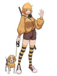 Rule 34 | 1girl, ahoge, antenna hair, arc2urus, beagle, black thighhighs, blonde hair, blush, brown shorts, grin, hair ornament, hairclip, hand up, headphones, headphones around neck, highres, holding, holding leash, leash, long sleeves, orange hair, orange thighhighs, original, pokemon go plus, shoes, short hair, shorts, simple background, smile, sneakers, striped clothes, striped thighhighs, sweater tucked in, thighhighs, weapon, weapon on back, white background
