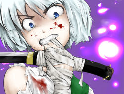 Rule 34 | 1girl, bandages, blood, blue eyes, byoin, female focus, gradient background, katana, konpaku youmu, mouth hold, short hair, silver hair, solo, sword, torn clothes, touhou, upper body, weapon