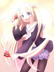 Rule 34 | 10s, 1girl, blonde hair, blue eyes, blush, fangs, hair bun, hair ornament, hairpin, hana n. fountainstand, hanayamata, happy, highres, long hair, looking at viewer, naruko (instrument), pantyhose, school uniform, simple background, single hair bun, smile, solo, source request, twintails, two side up, very long hair