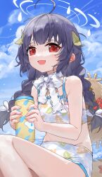 Rule 34 | 1girl, :d, absurdres, ahoge, black hair, blue archive, blue sky, blunt bangs, bottle, bow choker, braid, choker, cloud, cloudy sky, collarbone, commentary request, hair ribbon, halo, hat, hat on back, highres, holding, holding bottle, leaf, leaf on head, long hair, looking at viewer, low twintails, midriff, miyu (blue archive), miyu (swimsuit) (blue archive), official alternate costume, official alternate hairstyle, open mouth, outdoors, red eyes, ribbon, ribbon choker, sentter, sidelocks, sitting, sky, sleeveless, smile, solo, straw hat, sun hat, twin braids, twintails, water bottle, white choker