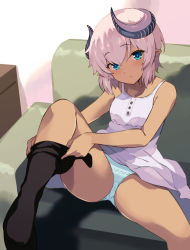 Rule 34 | 1girl, bad id, bad pixiv id, bare arms, bare shoulders, black thighhighs, blue eyes, blue panties, blush, breasts, closed mouth, collarbone, commentary request, couch, curled horns, dark-skinned female, dark skin, dress, hair between eyes, highres, horns, looking at viewer, on couch, original, panties, pink hair, pointy ears, rasahan, revision, sleeveless, sleeveless dress, small breasts, solo, spread legs, thighhighs, thighhighs pull, underwear, white dress