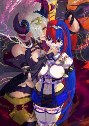 Rule 34 | 2girls, alear (fire emblem), asou551, blue eyes, blue hair, bound, breasts, cleavage, cleave gag, cloth gag, dark skin, female focus, fire emblem, fire emblem engage, gag, gagged, heterochromia, horns, improvised gag, large breasts, medium breasts, monster girl, multicolored eyes, multicolored hair, multiple girls, nintendo, red eyes, red hair, size difference, tagme, wide hips, zephia (fire emblem)