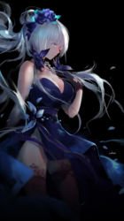 Rule 34 | 1girl, absurdres, azur lane, bare shoulders, black background, black dress, black gloves, black legwear, blue dress, blue eyes, breasts, cleavage, closed mouth, dress, floating hair, from side, gloves, hair bun, hair ornament, hand on own chest, hand up, highres, illustrious (azur lane), illustrious (never-ending tea party) (azur lane), large breasts, long hair, side slit, simple background, single side bun, solo, standing, swd3e2, white hair