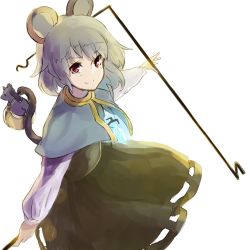 Rule 34 | 1girl, animal ears, bad id, bad twitter id, basket, capelet, dowsing rod, green hair, highres, jewelry, long sleeves, looking at viewer, mouse (animal), mouse ears, mouse tail, nazrin, necklace, nuqura, outstretched arms, red eyes, short hair, simple background, skirt, skirt set, smile, solo, tail, touhou, white background