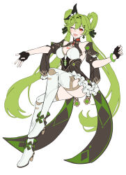 Rule 34 | 1girl, ;d, ai-chan (chrono navi) (honkai impact), ai-chan (honkai impact), bare shoulders, black gloves, black sleeves, boots, breasts, brown dress, commentary request, dress, fingerless gloves, full body, gloves, green hair, hair between eyes, hair ornament, hair rings, hairclip, high heel boots, high heels, highres, honkai (series), honkai impact 3rd, long hair, looking at viewer, medium breasts, one eye closed, open mouth, puffy short sleeves, puffy sleeves, red eyes, short sleeves, simple background, smile, solo, thigh boots, twintails, very long hair, white background, white footwear, yunomi (yunomi hs)