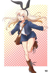 Rule 34 | 1girl, alternate costume, bag, black hairband, blonde hair, blue jacket, blue skirt, boots, brown footwear, camisole, cross-laced footwear, fuji (pixiv24804665), full body, grey eyes, hairband, highres, jacket, kantai collection, lace-up boots, long hair, open mouth, outstretched arms, round teeth, shimakaze (kancolle), skirt, smile, solo, teeth, upper teeth only, white camisole