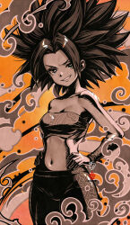 Rule 34 | 1girl, bandeau, bare shoulders, breasts, caulifla, cleavage, collarbone, cowboy shot, dragon ball, dragon ball super, grin, hair intakes, hands on own hips, highres, kanchiyo, limited palette, long hair, looking at viewer, midriff, navel, orange background, pants, small breasts, smile, solo, spiked hair, standing, stomach, strapless, v-shaped eyebrows