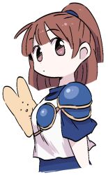 Rule 34 | 1girl, arle nadja, armor, blue shirt, brown eyes, brown hair, carbuncle (puyopuyo), dokan (dkn), dot mouth, dot nose, high ponytail, layered clothes, madou monogatari, ponytail, puyopuyo, shirt, short hair, shoulder armor, simple background, solo focus, upper body, white background, white shirt