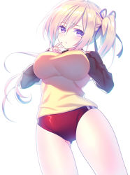 Rule 34 | 10s, 1girl, backlighting, blonde hair, blouse, blush, breasts, buruma, female focus, gluteal fold, impossible clothes, kawakami mai, large breasts, long hair, looking at viewer, mole, mole on thigh, mole under eye, musaigen no phantom world, purple eyes, shirt, side ponytail, simple background, solo, sora 72-iro, white background