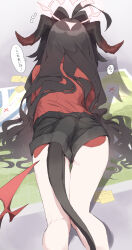 Rule 34 | 1girl, ahoge, black hair, black shorts, black tail, blue archive, demon horns, dragon horns, feet out of frame, from behind, hair intakes, halo, highres, horns, kasumi (blue archive), long hair, long sleeves, looking back, makkurourufu, red halo, red shirt, shirt, shirt tucked in, shorts, solo, speech bubble, tail, translation request